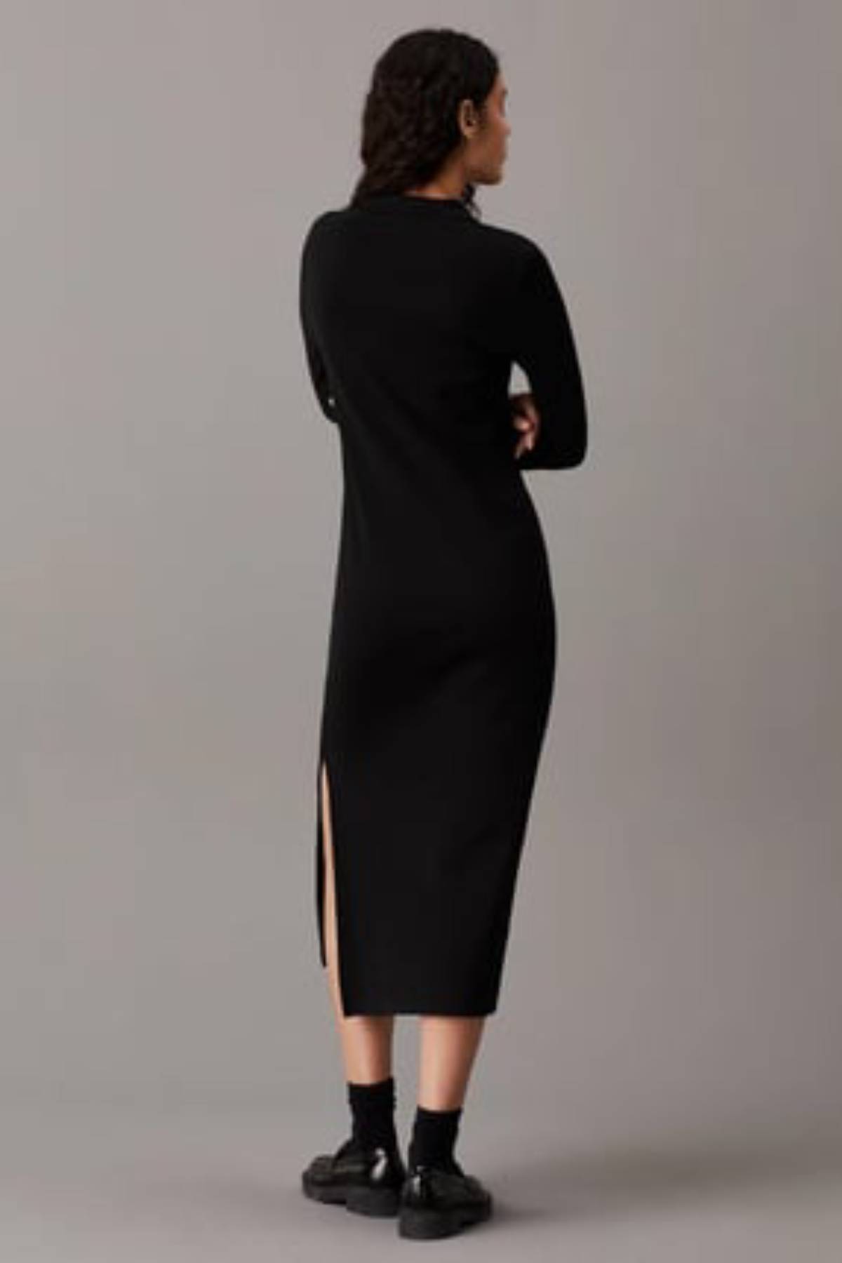 WOVEN LABEL RIB POLO LS DRESS-BLACK