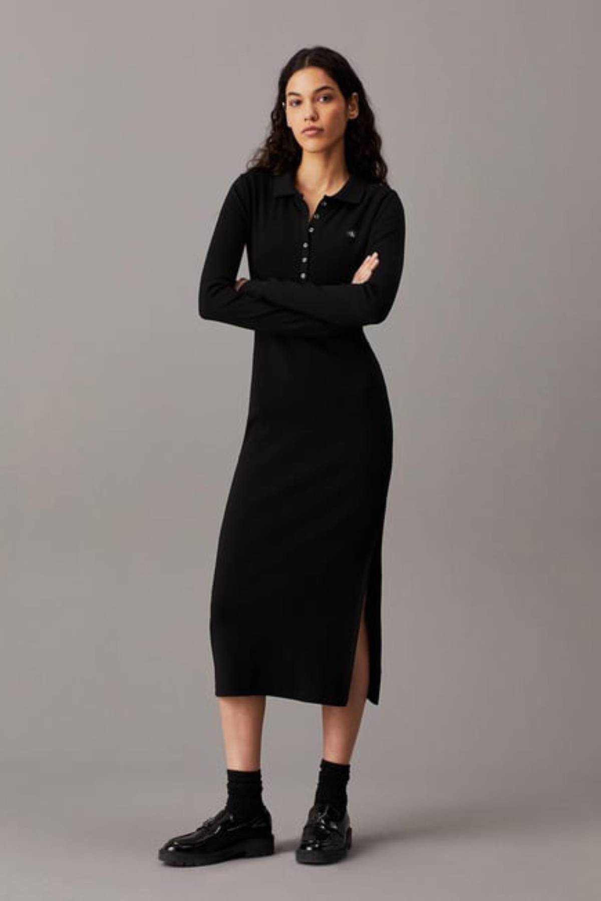 WOVEN LABEL RIB POLO LS DRESS-BLACK