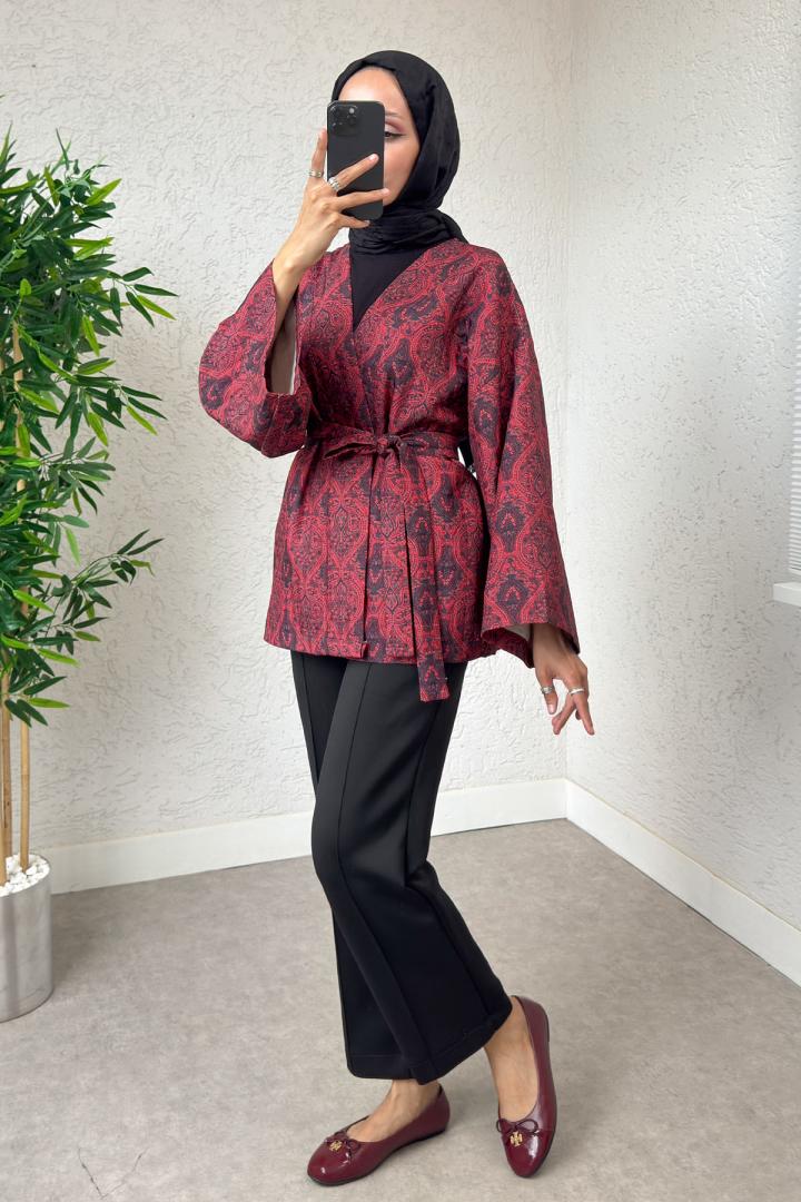 Kilim Desen Kuşaklı Kimono 0016 - BORDO | Salih Çelebi 