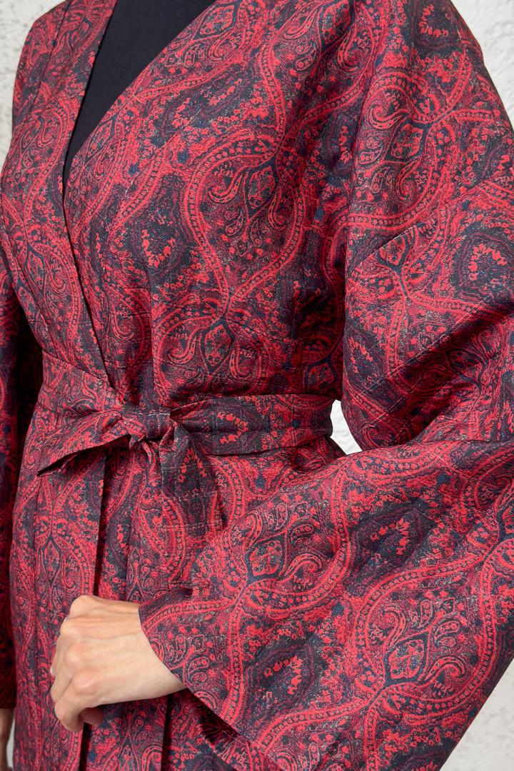 Kilim Desen Kuşaklı Kimono 0016 - BORDO | Salih Çelebi 
