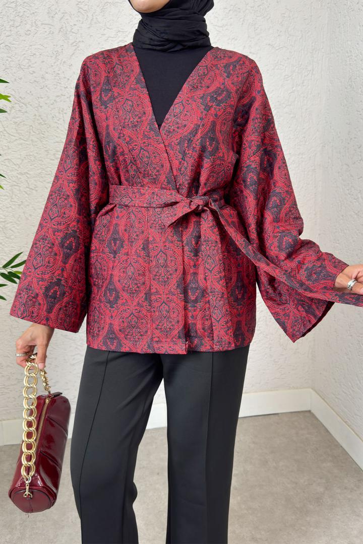 Kilim Desen Kuşaklı Kimono 0016 - BORDO | Salih Çelebi 