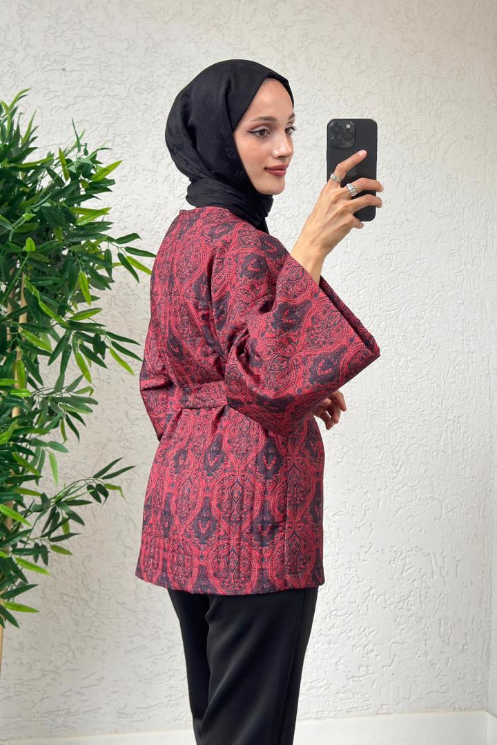 Kilim Desen Kuşaklı Kimono 0016 - BORDO | Salih Çelebi 