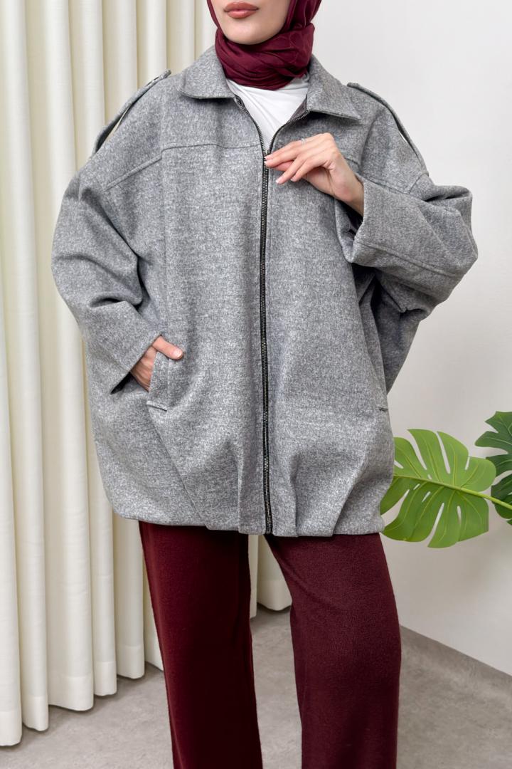 Fermuarlı Oversize Kaşe Kaban 0037 - GRİ |  