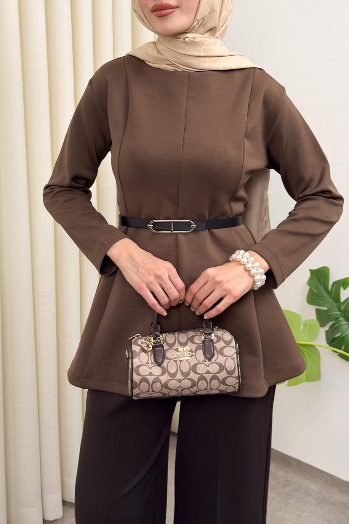 Kemerli Peplum Bluz 0040 - AÇIK KAHVERENGİ |  