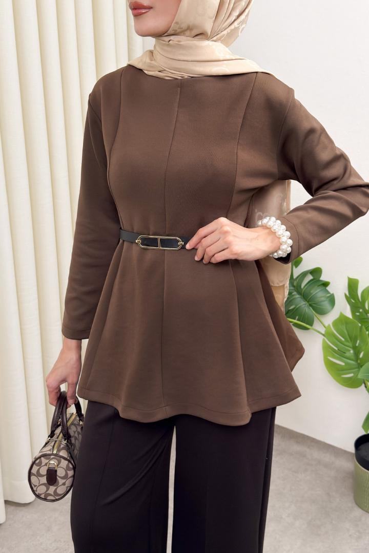 Kemerli Peplum Bluz 0040 - AÇIK KAHVERENGİ |  