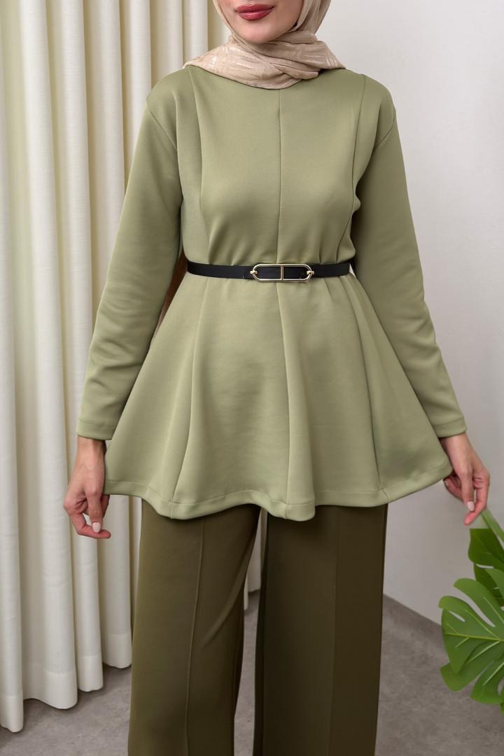 Kemerli Peplum Bluz 0040 - AÇIK HAKİ | Salih Çelebi 
