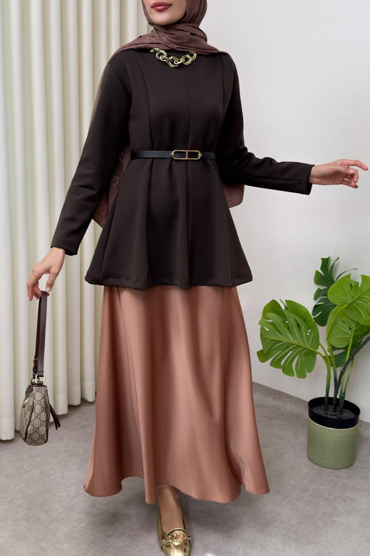 Kemerli Peplum Bluz 0040 - KOYU KAHVERENGİ | Salih Çelebi 