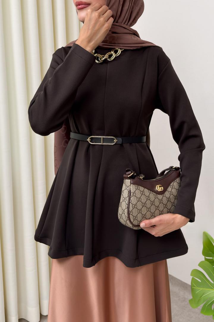 Kemerli Peplum Bluz 0040 - KOYU KAHVERENGİ | Salih Çelebi 