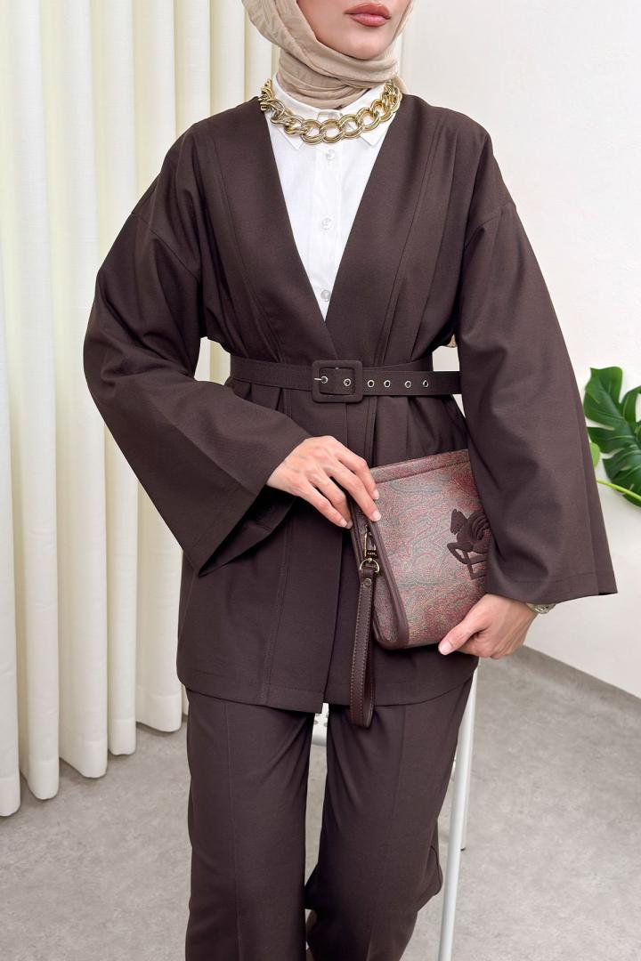 Geniş Kol Kimono Kemerli Pantolon Takım 0047 - KAHVERENGİ |  