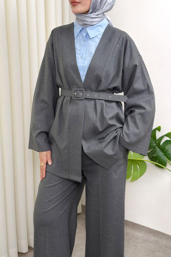 Geniş Kol Kimono Kemerli Pantolon Takım 0047 - GRİ |  