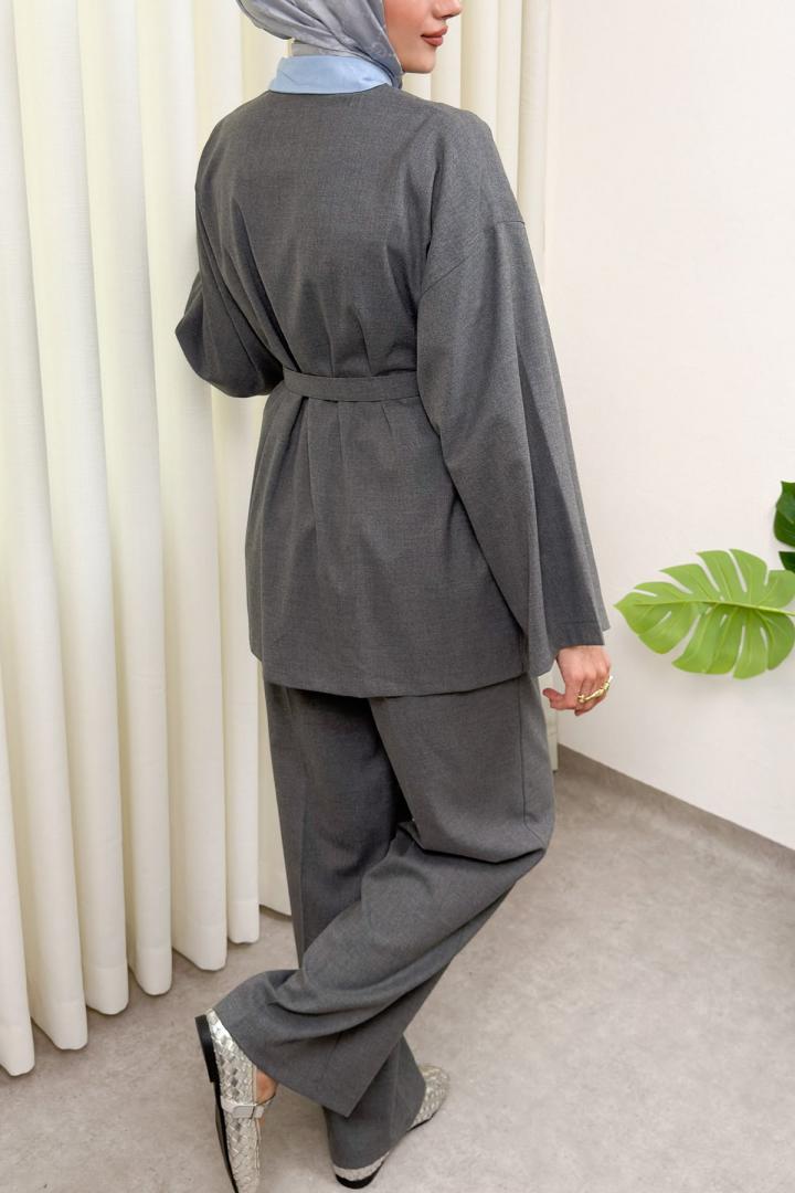 Geniş Kol Kimono Kemerli Pantolon Takım 0047 - GRİ |  