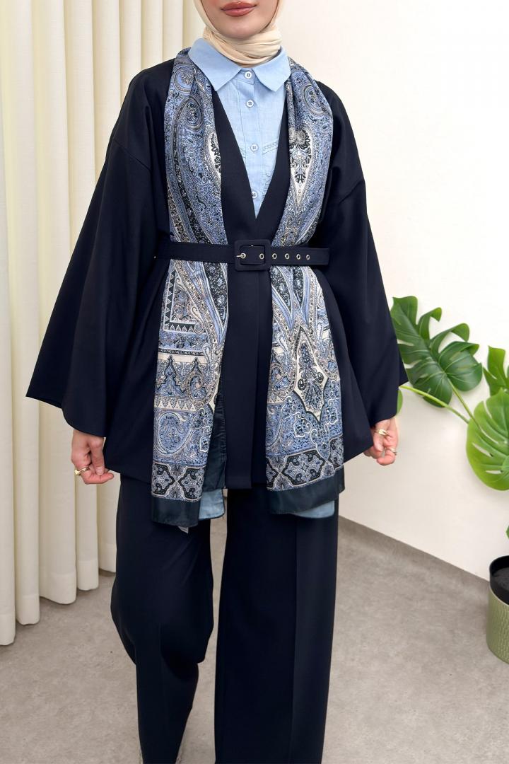Geniş Kol Kimono Kemerli Pantolon Takım 0047 - LACİVERT |  