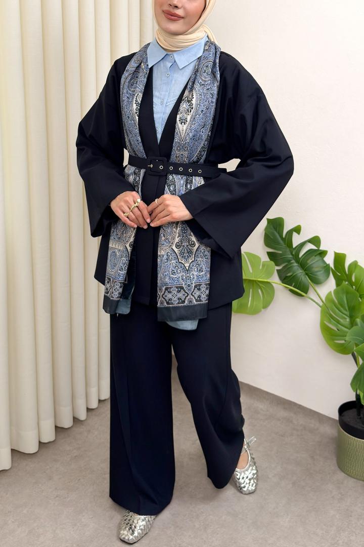 Geniş Kol Kimono Kemerli Pantolon Takım 0047 - LACİVERT |  