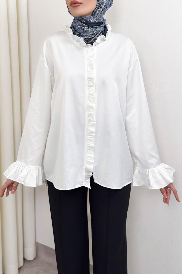 Fırfır Detaylı Oversize Gömlek 0057 - BEYAZ |  