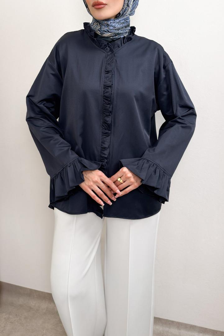 Fırfır Detaylı Oversize Gömlek 0057 - LACİVERT |  