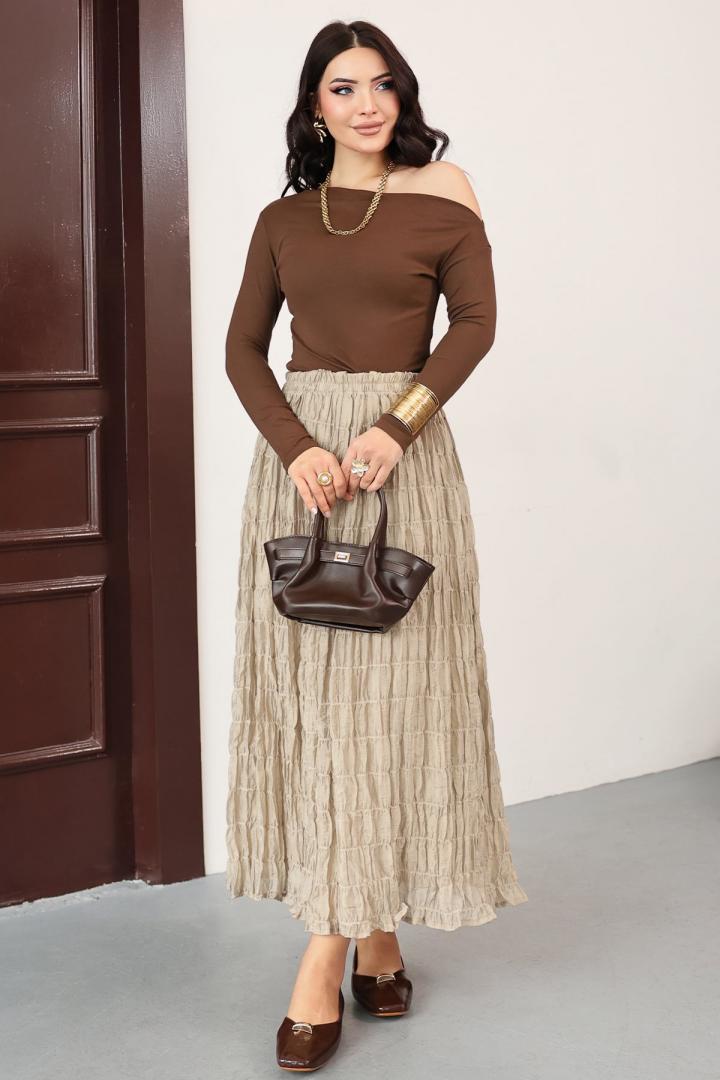 Lastik Bel Gipeli Maxi Etek 0084 - BEJ |  