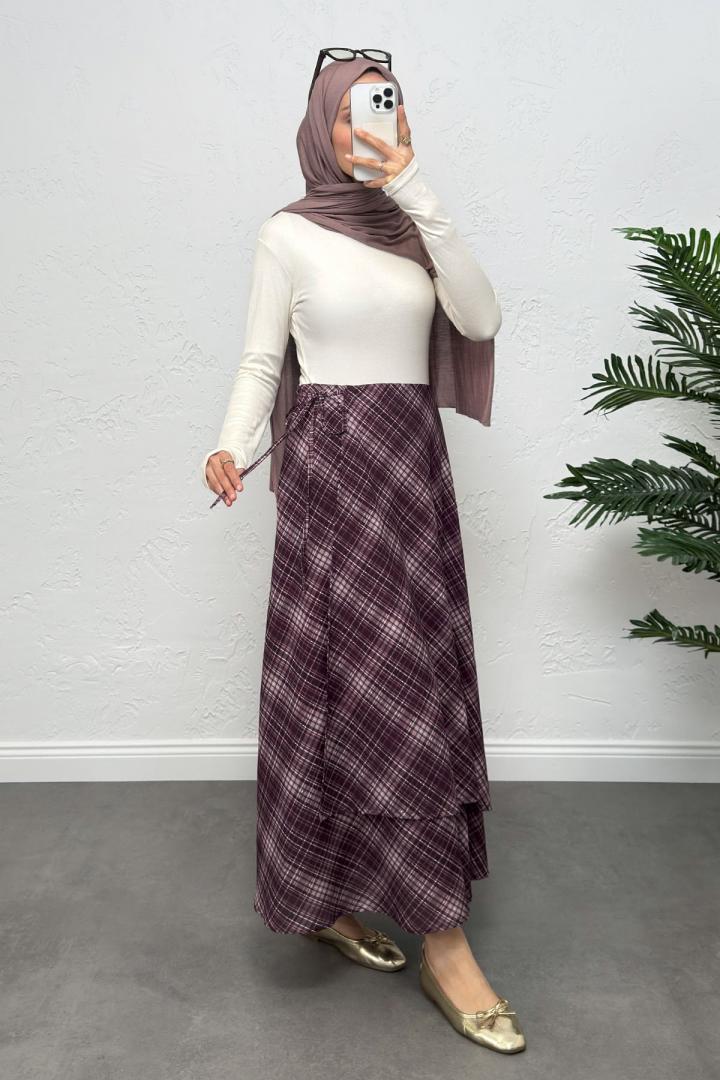 Bağlamalı Ekose Etek 0092 - MOR |  