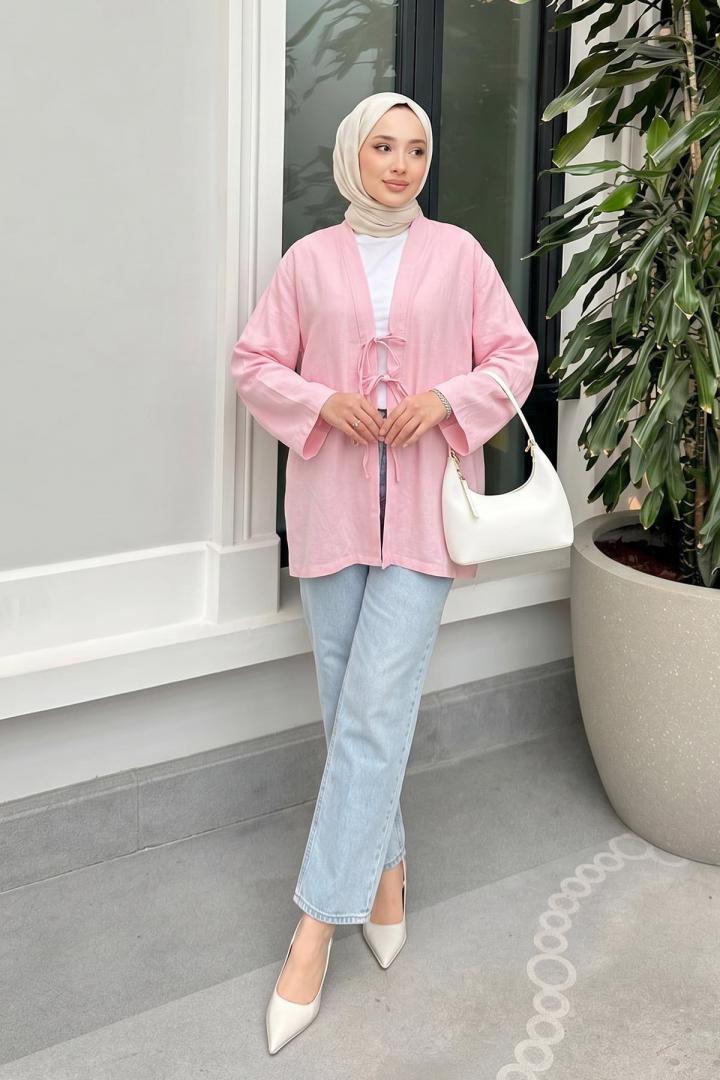 Üç Bağcıklı Tesettür Kimono 2339 - AÇIK PEMBE |  
