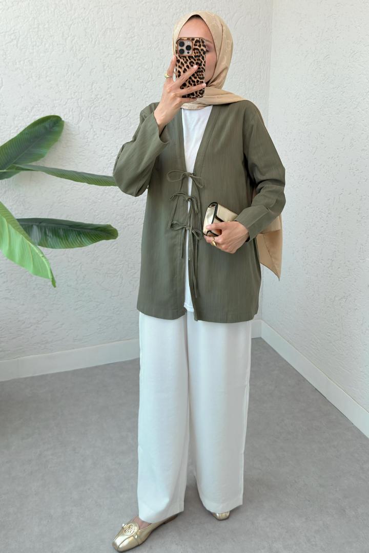 Üç Bağcıklı Tesettür Kimono 2339 - HAKİ |  