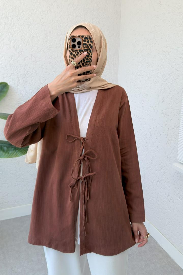 Üç Bağcıklı Tesettür Kimono 2339 - KAHVERENGİ |  