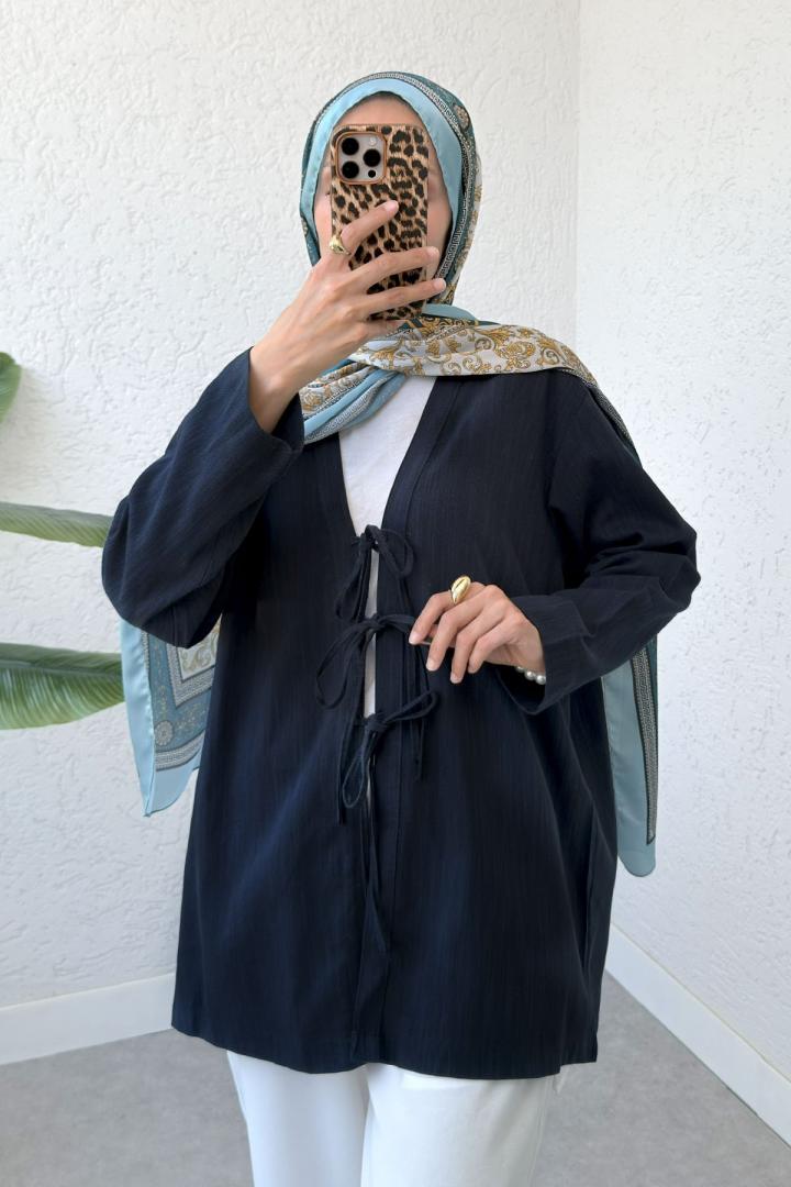 Üç Bağcıklı Tesettür Kimono 2339 - LACİVERT |  