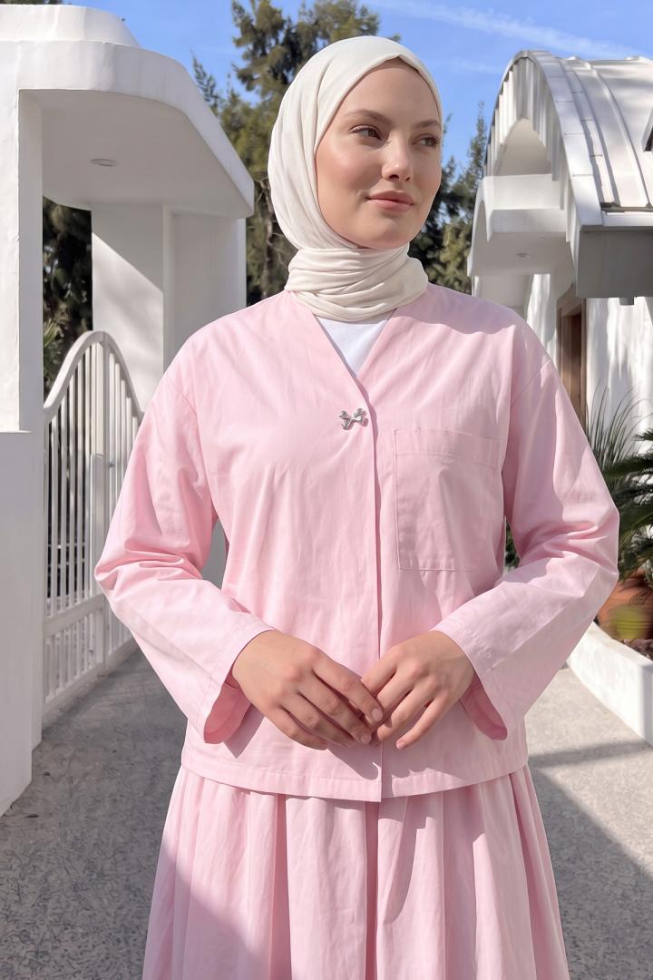 Broş Düğmeli Etekli Takım 2342 - PEMBE |  