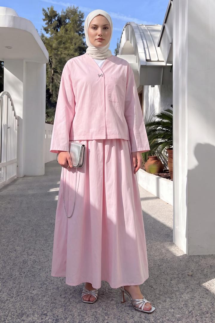 Broş Düğmeli Etekli Takım 2342 - PEMBE |  