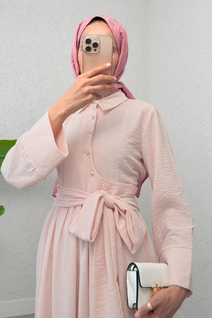 Kuşaklı Çapraz Yaka Elbise 2304 - PUDRA | Salih Çelebi 
