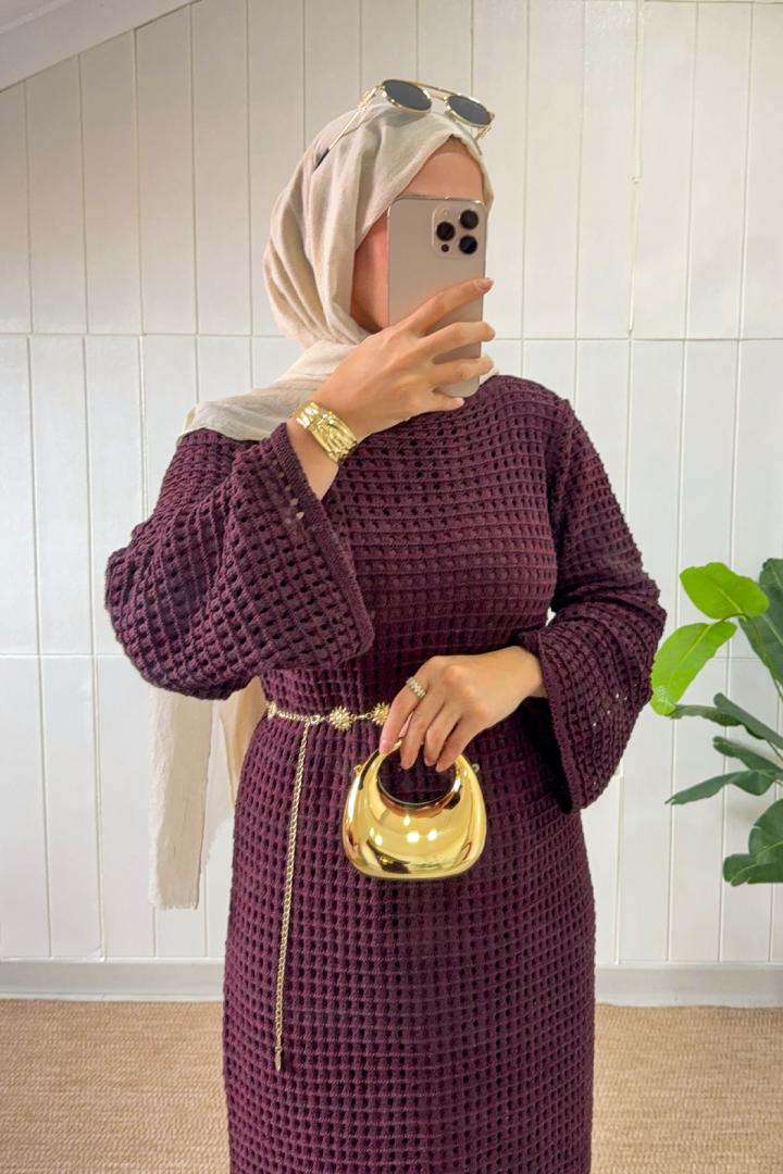 Ajurlu Triko Elbise 070336 - BORDO |  