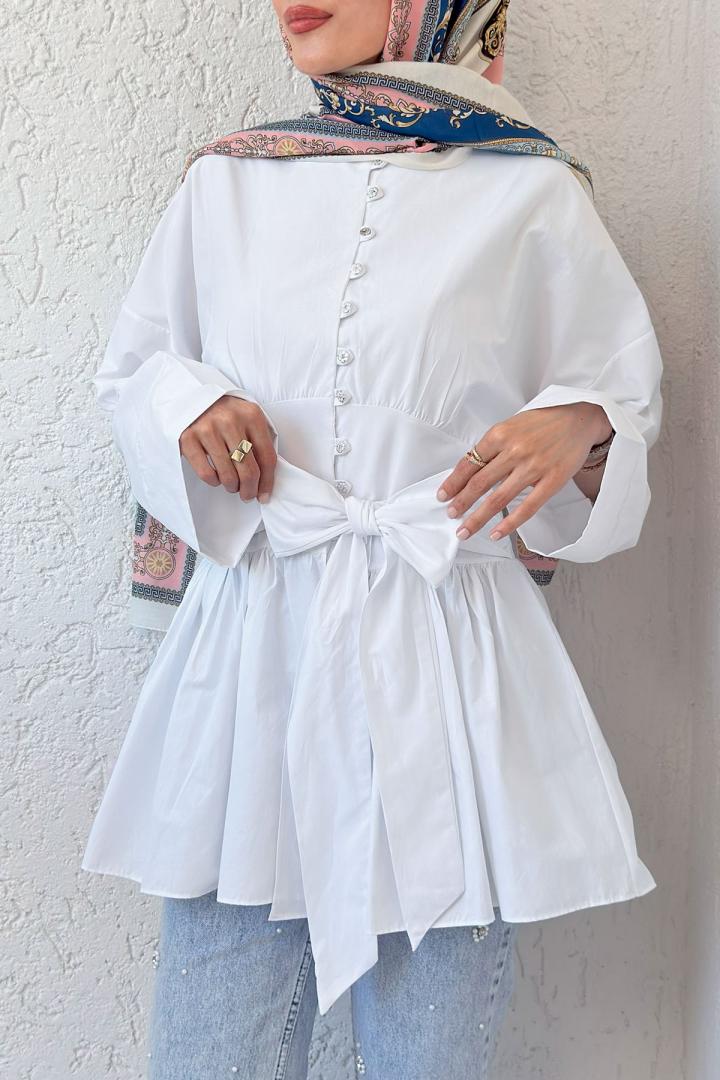Kuşaklı Kimono Kol Tunik 2343 - BEYAZ |  