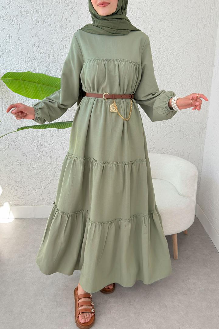 Kat Kat Detaylı Elbise 2355 - HAKİ | Salih Çelebi 