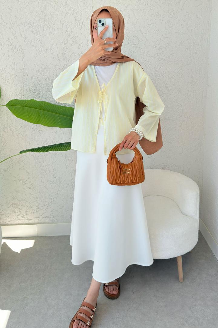 Çizgili İp Bağcıklı Kimono 2357 - SARI |  