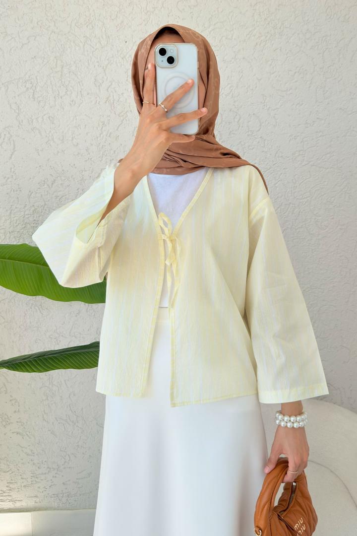 Çizgili İp Bağcıklı Kimono 2357 - SARI |  