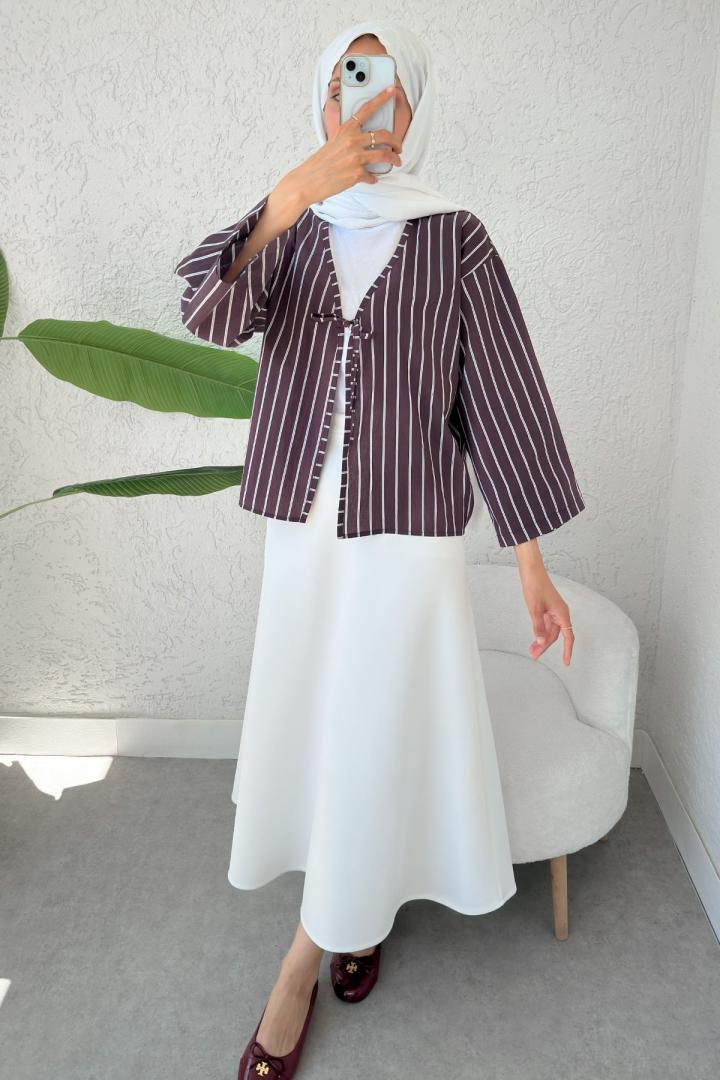 Çizgili İp Bağcıklı Kimono 2357 - VİŞNE ÇÜRÜĞÜ |  
