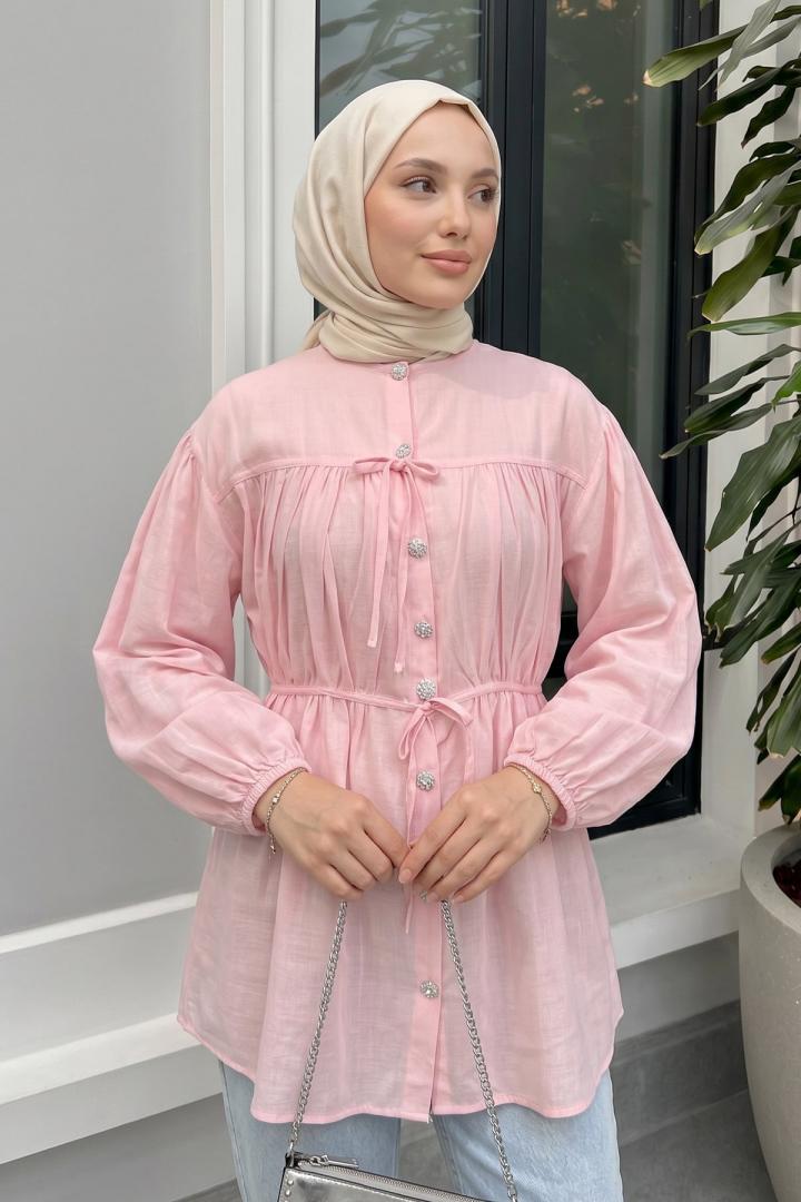 Büzgü Detaylı Bağcıklı Tunik 2366 - PEMBE |  