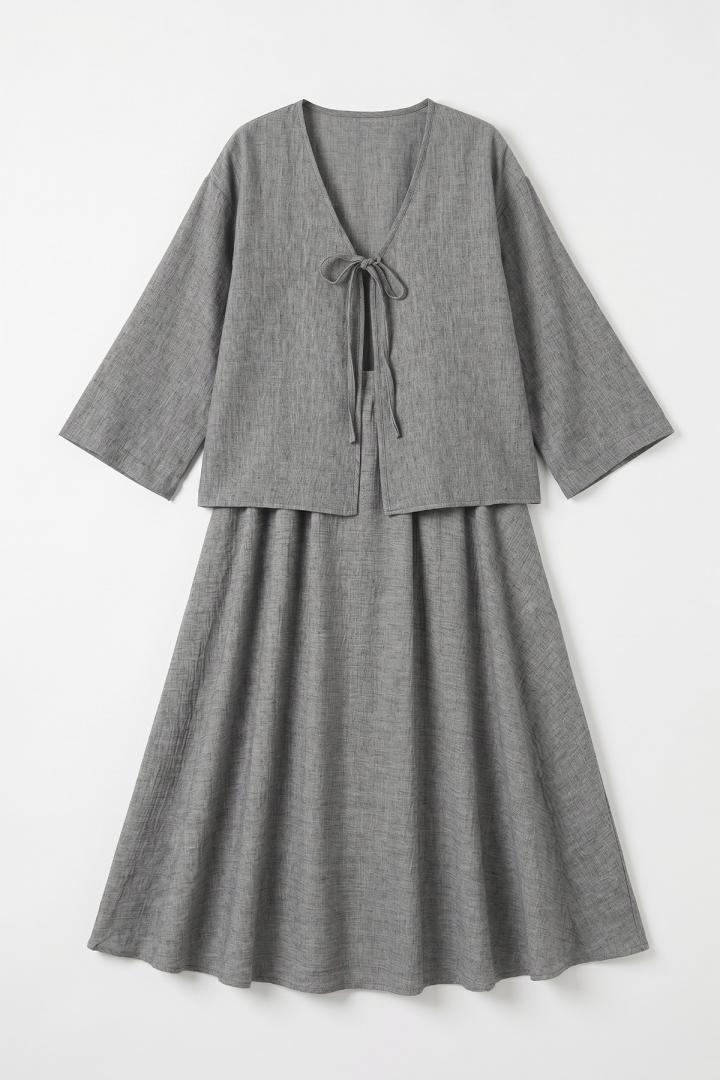 İp Bağcıklı Kimono Etek Takım 2367 - GRİ |  