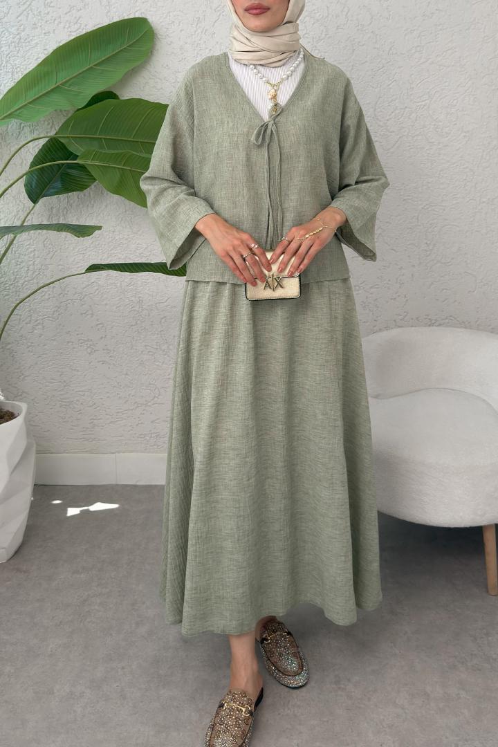 İp Bağcıklı Kimono Etek Takım 2367 - HAKİ | Salih Çelebi 