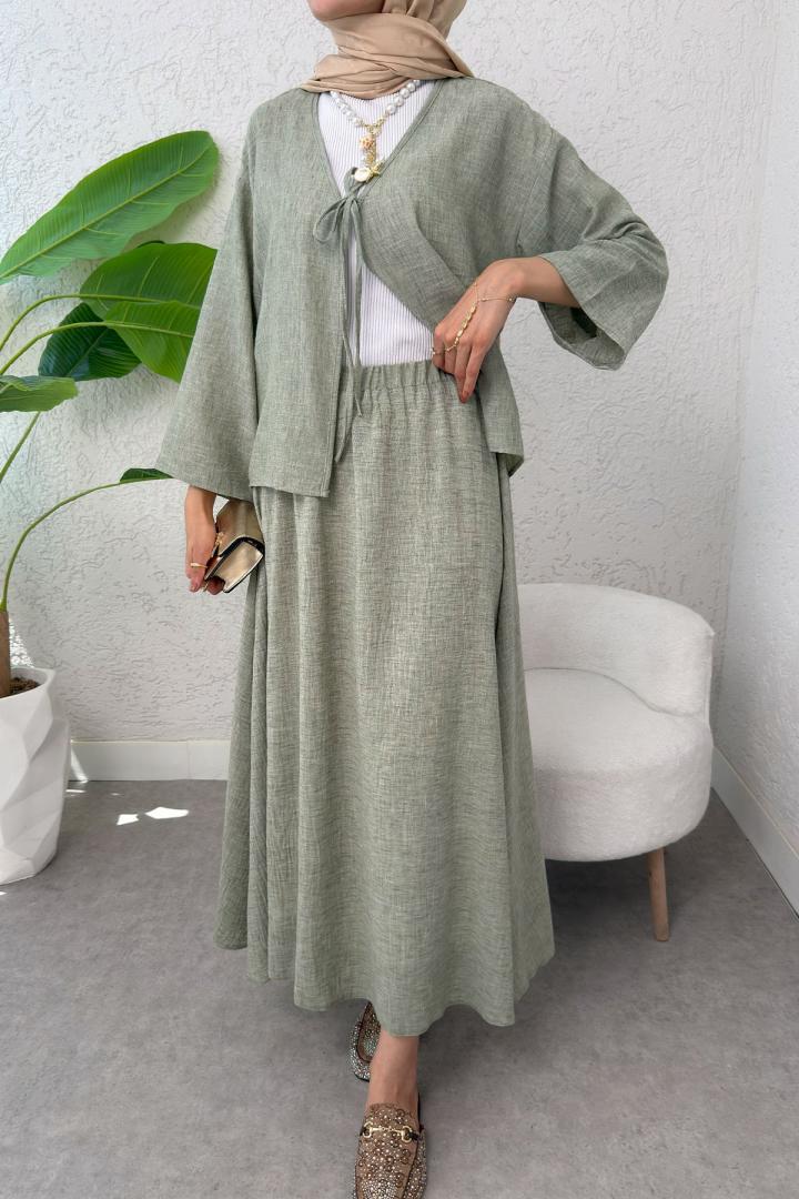 İp Bağcıklı Kimono Etek Takım 2367 - HAKİ | Salih Çelebi 