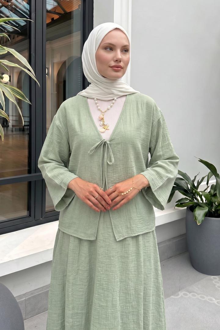 İp Bağcıklı Kimono Etek Takım 2367 - SU YEŞİLİ | Salih Çelebi 