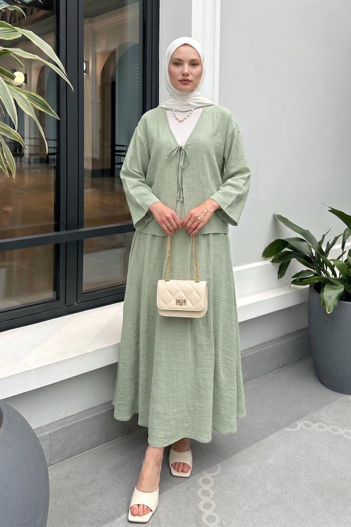 İp Bağcıklı Kimono Etek Takım 2367 - SU YEŞİLİ | Salih Çelebi 