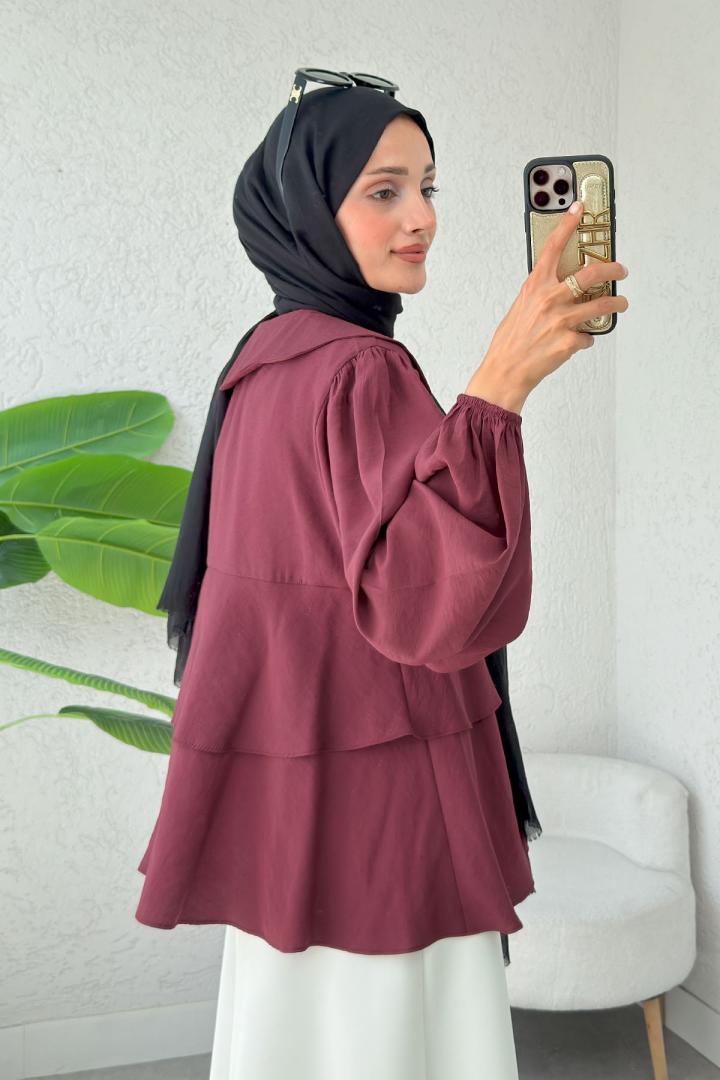 Balon Kol Bebe Yaka Tunik 2370 - BORDO | Salih Çelebi 