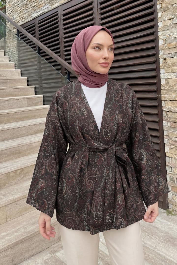Şal Desen Kuşaklı Kimono 2375 - ACI KAHVE | Salih Çelebi 