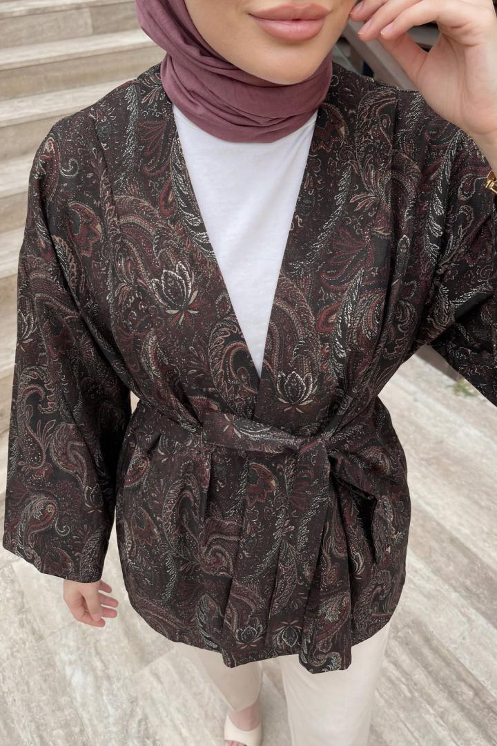 Şal Desen Kuşaklı Kimono 2375 - ACI KAHVE | Salih Çelebi 