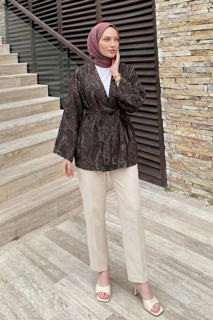 Şal Desen Kuşaklı Kimono 2375 - ACI KAHVE | Salih Çelebi 
