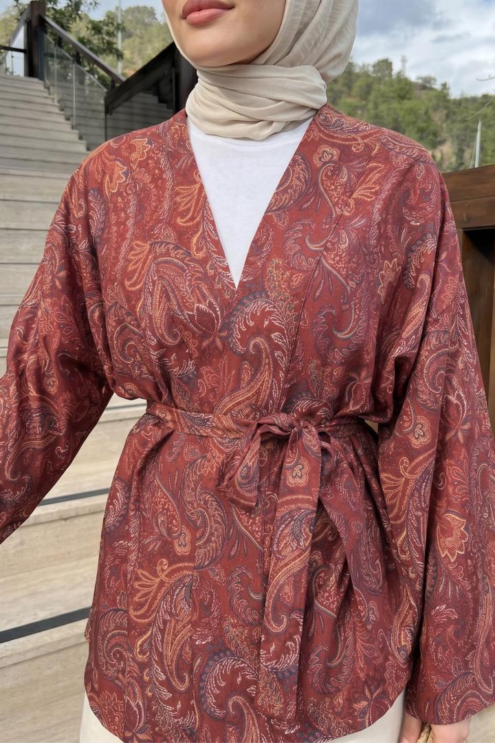 Şal Desen Kuşaklı Kimono 2375 - BORDO |  