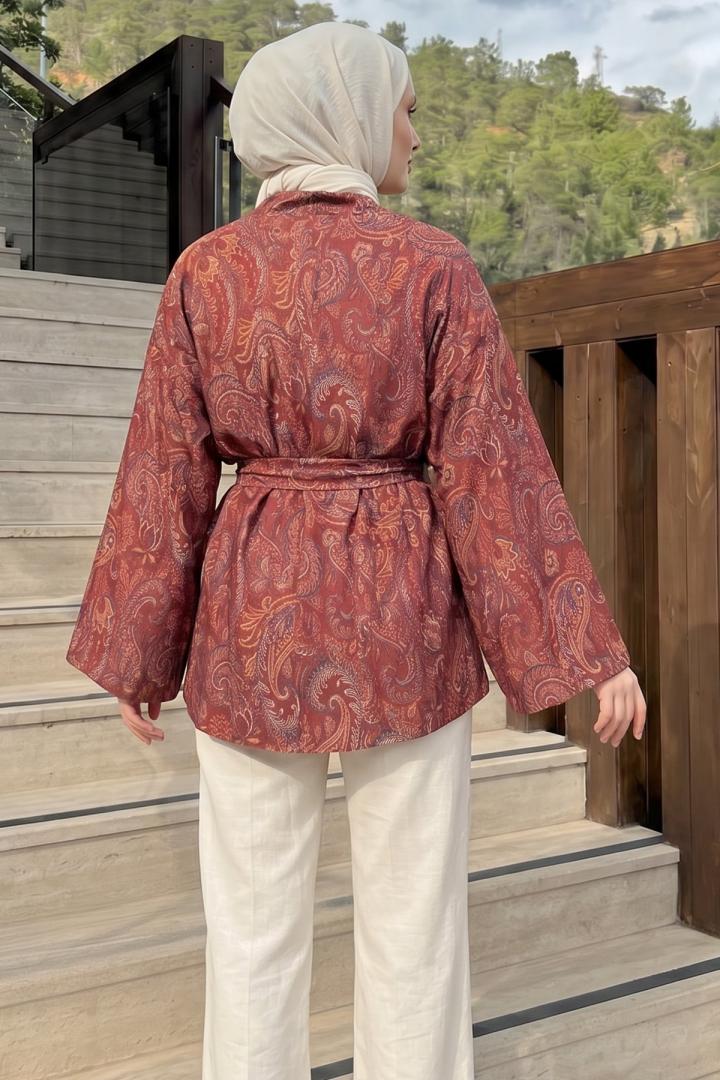 Şal Desen Kuşaklı Kimono 2375 - BORDO |  