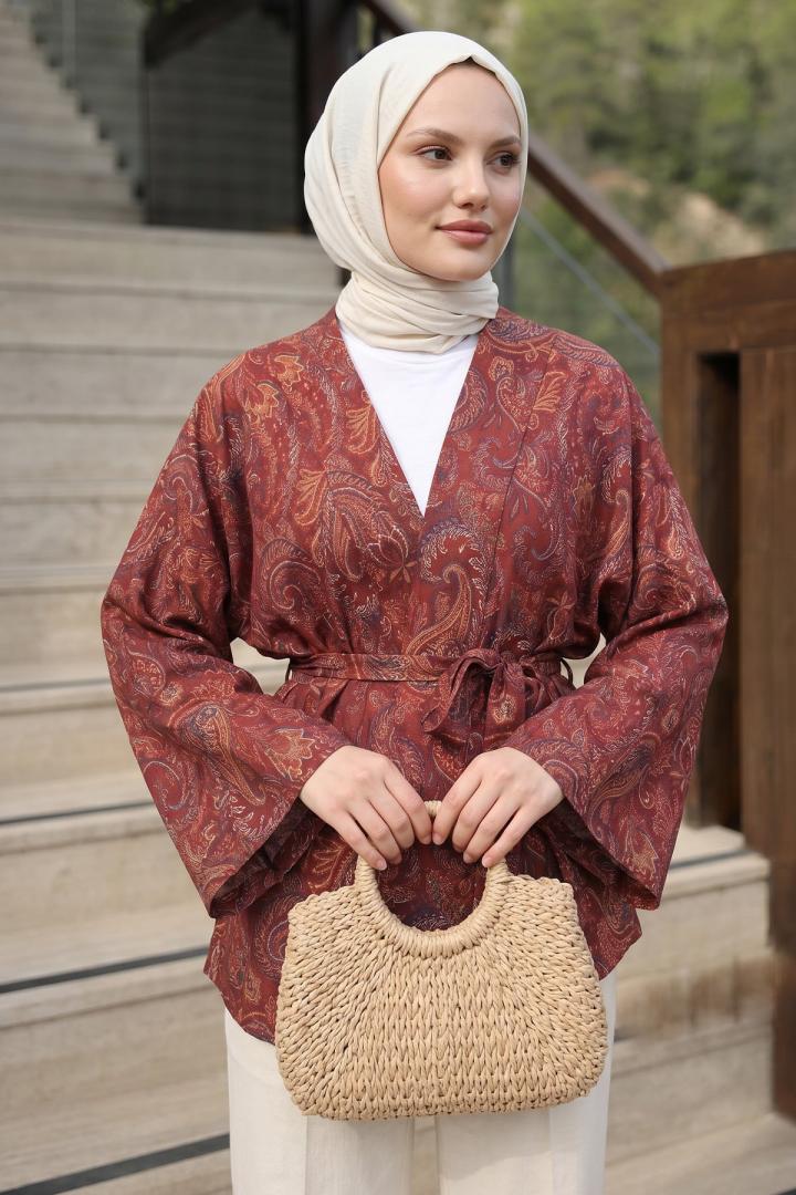 Şal Desen Kuşaklı Kimono 2375 - BORDO |  
