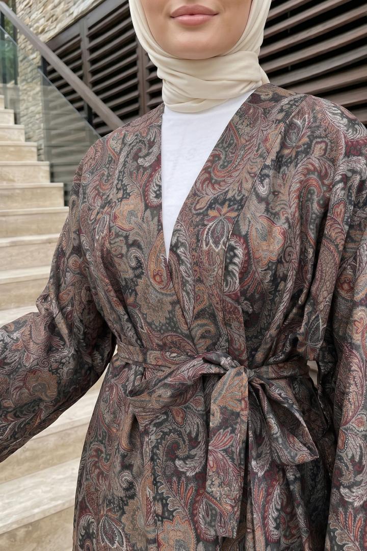 Şal Desen Kuşaklı Kimono 2375 - KOYU KAHVE |  