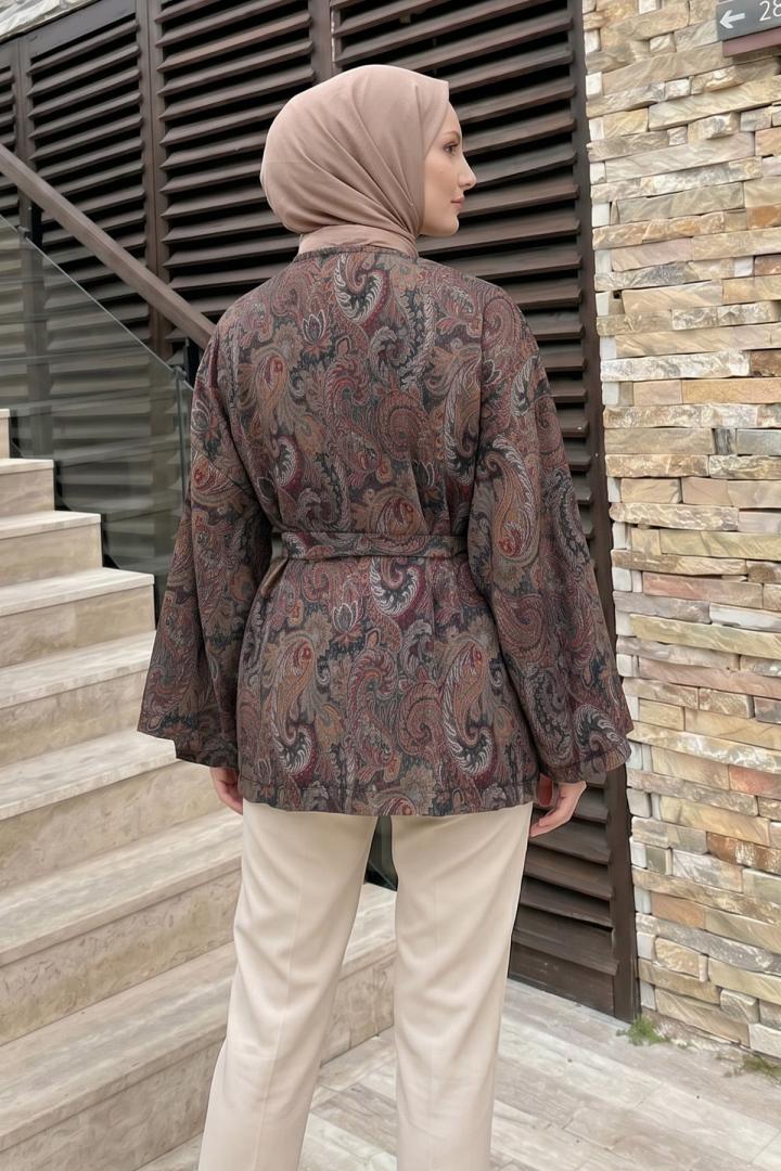 Şal Desen Kuşaklı Kimono 2375 - KOYU KAHVE |  