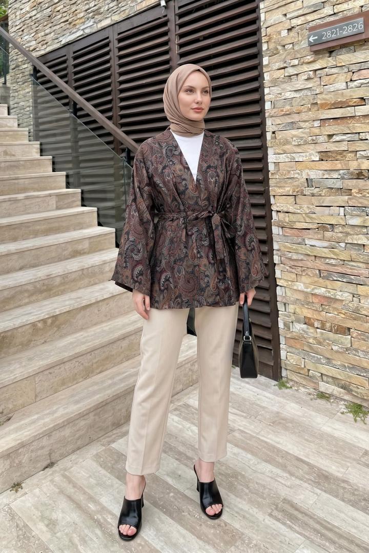 Şal Desen Kuşaklı Kimono 2375 - KOYU KAHVE |  